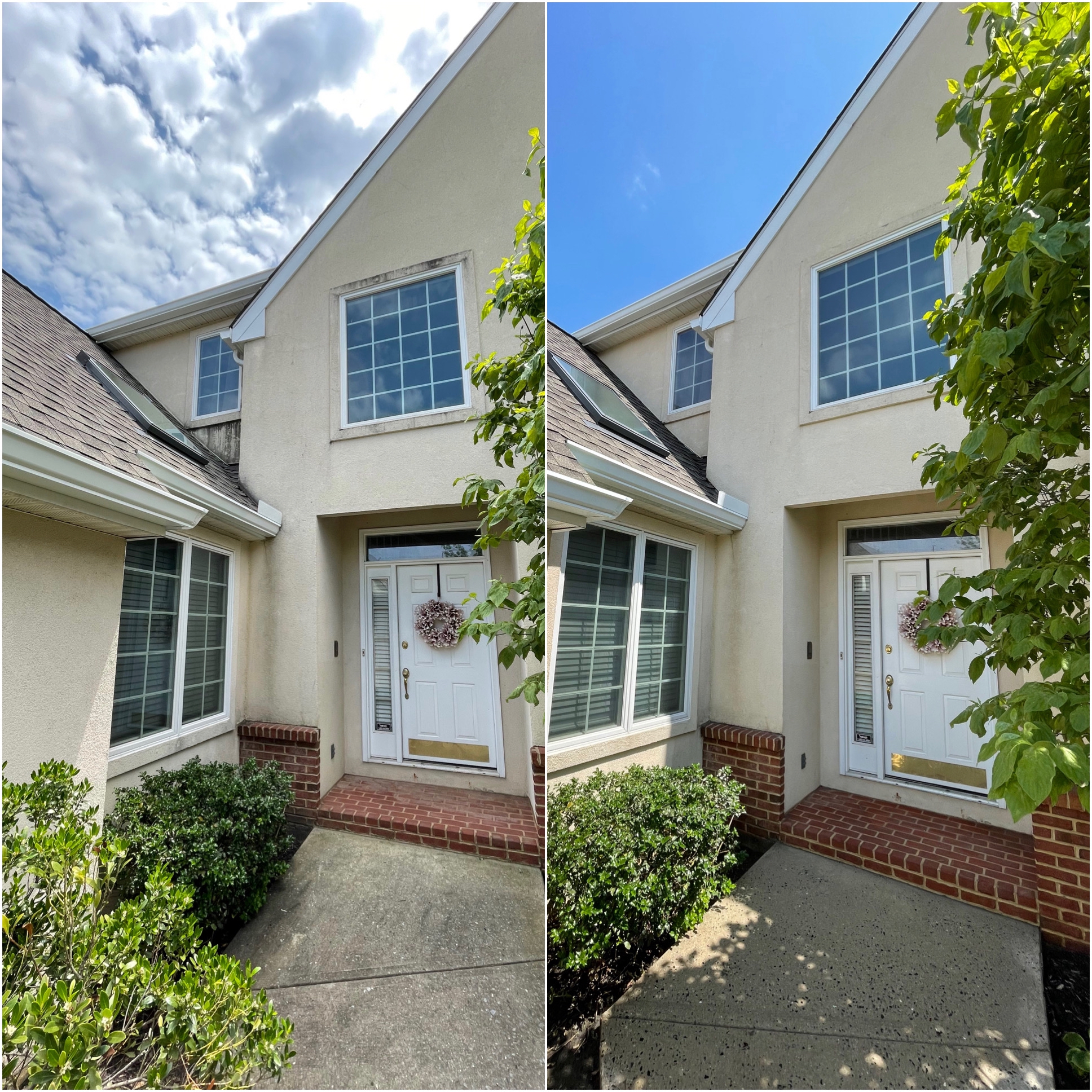 Before and after photograph of bricks and a concrete walkway cleaned by Oddly Satisfying Pressure Washing
